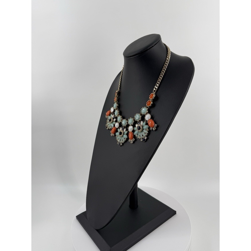 Chunky Bib Statement Necklace Gold Tone Teal Orange White crystal Floral - Picture 2 of 8